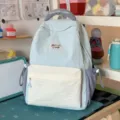 Light blue off-white colorblock casual backpack student cute travel daypack bookbag - Large (No Pendant) / Blue