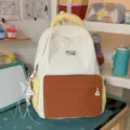 Korean style colorblock backpack for school and travel, stylish canvas casual daypack. - Large (With Charm) / White