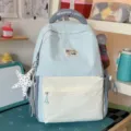 Ice blue and off-white colorblock backpack, stylish Korean casual school travel daypack. - Small (No Pendant) / Blue
