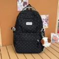 Korean sweet polka dot girl backpack, fresh versatile casual daily school bag for students. - With Pendant / Black