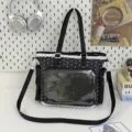 Japanese sweet polka dot lace ita bag with transparent front pocket, stylish and cute shoulder bag. - No Pendant / Black