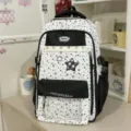 Korean style sweet star pattern color-blocked ita backpack with clear pocket for students. - Backpack (Without Pendant) / Black