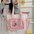 Pink polka dot lace ita bag sweet lolita shoulder bag with clear window for anime pins - With Pearl Lace Pendant / Pink
