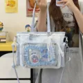 Sweet blue polka dot lace ita bag with clear window for cute daily commuter shoulder bag - With Pearl Lace Pendant / Blue