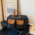 Retro color-block travel duffel bag large capacity workwear gym bag for student camping. - Black