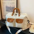 Retro contrast canvas duffel bag, large capacity travel gym bag for outdoor and campus. - White
