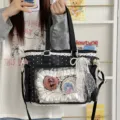 Sweet Japanese style polka dot lace ita bag with transparent window, black crossbody shoulder bag. - With Pearl Lace Pendant / Black