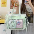 Light green polka dot ita bag with delicate lace trim, clear window, and cute bow. - With Pearl Lace Pendant / Green