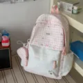 Variante de sac à dos rose à carreaux, cartable mignon pour étudiants et usage quotidien. - Rose (Sans Pendentif)