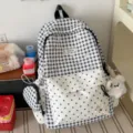 Sac à dos style coréen à carreaux et pois noir et blanc avec joli pendentif ours mignon. - Avec Pendentif / Noir