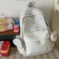 Sac à dos à carreaux et pois style coréen Harajuku cartable frais pour élèves et quotidien - Avec Pendentif / Gris