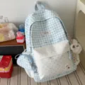 Sac à dos d'école en toile à carreaux et pois bleu clair pour étudiants, style mignon - Avec Pendentif / Bleu