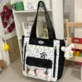 Korean sweet star ita bag black white color block canvas tote student backpack aesthetic - Tote Bag (With Accessory) / Black