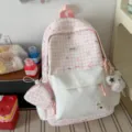 Sac à dos d'école à pois à carreaux rose Harajuku sac d'étudiant décontracté avec pendentif - Avec Pendentif / Rose