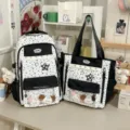 Korean sweet star dopamine ita backpack and tote set, fashionable black and white color. - Two-Piece Set (With Accessory) / Black