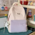 Korean style pink and purple color block canvas backpack casual cute school travel daypack - Large (With Charm) / Pink