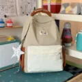 Aesthetic canvas backpack for school cute color block student rucksack casual daypack - Large (With Charm) / Khaki