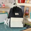 Korean style casual canvas school backpack for girls, stylish colorblock travel daypack. - Small (With Charm) / Black