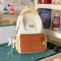 Color block canvas backpack casual school travel daypack stylish daily book bag for girls - Small (With Charm) / White