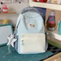 Ice blue off-white contrast canvas casual backpack, Korean style student school bookbag. - Small (With Charm) / Blue