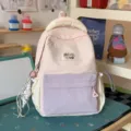 Korean style pastel color block canvas backpack cute student casual travel school book bag - Small (With Charm) / Pink