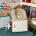 Korean style casual canvas backpack, chic contrast color school bag for daily travel and campus. - Small (With Charm) / Khaki