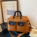 Retro Colorblock Travel Duffel Bag Large Capacity Casual Gym Luggage for Student - Brown