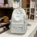 Grey star printed canvas school backpack for teenage girls cute ins style travel daypack - No Pendant / Gray