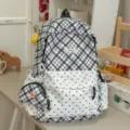 Black and white plaid polka dot backpack cute student school bag with small pouch - No Pendant / Black