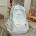 Japanese style plaid school backpack for girls, sweet macaron color student bookbag. - No Pendant / Blue