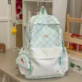 Japanese style sweet plaid backpack with cute polka dots and small pouch for daily school use. - No Pendant / Green