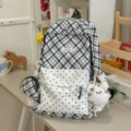 Japanese style plaid patchwork backpack sweet cute school bag for teenage girls daily - Flying Rabbit Charm / Black
