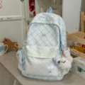 Cute Japanese style plaid patchwork backpack for teen girls, sweet macaron school bag. - Flying Rabbit Charm / Blue