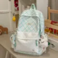 Kawaii sweet plaid backpack for teen girls, cute polka dot school bag with plush bear charm. - Flying Rabbit Charm / Green
