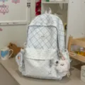 Japanese Sweet Blue Plaid Backpack School Bag Macaron Color Casual Daypack for Students - Flying Rabbit Charm / Gray
