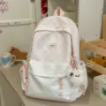 Pink Plaid Patchwork School Backpack Sweet Student Bookbag Cute Daily Daypack Bag - Flying Rabbit Charm / Pink