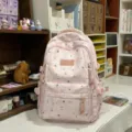Pink star print backpack, Korean ins style school bag for teenage girls travel daily use. - No Pendant / Pink