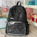 Black star print clear ita backpack DIY doll school bag with transparent front pocket for anime fans. - No Pendant / Black
