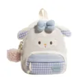 Mignon sac à dos mouton style japonais doux avec nœud à carreaux bleus et pendentif peluche - Moyen (Sans Pendentif) / Blanc