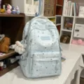 Cloud blue star print backpack Korean ins style school bag for high school girls travel. - Chain Flying Rabbit Pendant / Blue
