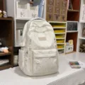 Milky white star print school backpack, casual student daypack with multiple pockets and zippers. - Single Backpack / White