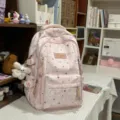 Pink star print school backpack, Korean ins style casual daily travel bookbag for teenage girls. - Chain Flying Rabbit Pendant / Pink