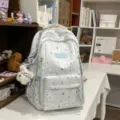 Cloud sense foggy blue star print backpack Korean ins style schoolbag for girls travel days. - Chain Flying Rabbit Pendant / Gray