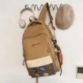 Sac à dos étudiant colorblock style coréen, cartable décontracté tendance à poches multiples. - Sac à dos / Avec Pendentif / Kaki