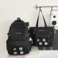 Sac à dos noir style coréen deux pièces avec badges, cartable tendance pour étudiants. - Ensemble deux pièces / Avec Pendentif / Noir