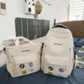 Ensemble sac à dos et cabas en toile style coréen, cartable décontracté avec badges. - Ensemble deux pièces / Avec Pendentif / Blanc