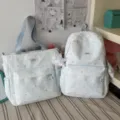 Japanese sweet style milky white star print canvas backpack and cute daily shoulder bag set. - 2-Piece Set (Backpack & Tote) / Blue