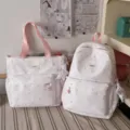 Japanese sweet star print canvas backpack and shoulder bag set for daily school casual use. - 2-Piece Set (Backpack & Tote) / Pink