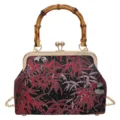 Closeup of retro Chinese style kiss lock bag detail featuring bamboo handle and panda pattern. - Black Bamboo Handle