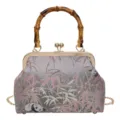 Exquisite Chinese style vintage kiss-lock handbag featuring bamboo handle and panda pattern details. - Gray Bamboo Handle